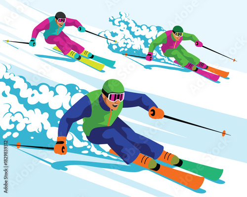 Dynamic vector illustration of three competitive downhill skiers racing fast across a snowy slope, kicking up powder, highlighting extreme winter sports, outdoor adventure, and active lifestyle; great