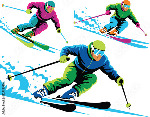 Dynamic vector illustration of three highly stylized skiers performing aggressive downhill alpine skiing turns on a snowy mountain slope, showcasing fast winter sport action, recreational fitness, and