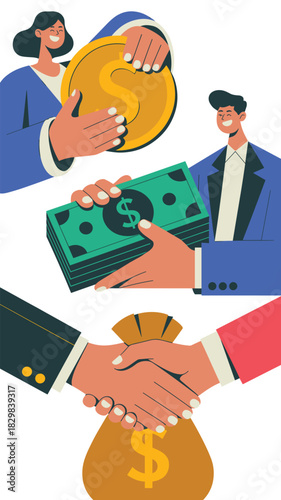 Modern vector illustration depicting a professional financial transaction, showing business people exchanging green cash and a gold dollar coin, symbolizing a lucrative investment, successful startup