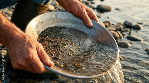 Panning for gold in a river at sunset, a man carefully sifts through gravel and sand to find precious flakes in clear water