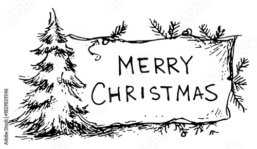 Merry Christmas Wooden Sign With Pine Tree And Fir Branch Garland Hand Drawn Vintage Line Art Vector Illustration