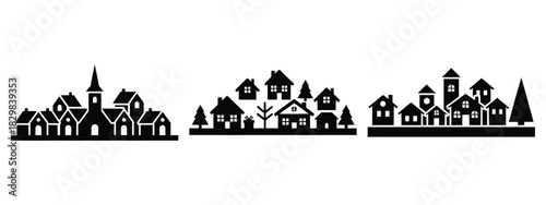 christmas village silhouette vector icon set
