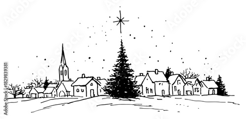 Hand Drawn Snowy Christmas Village with Decorated Tree and Bethlehem Star Winter Line Art Vector