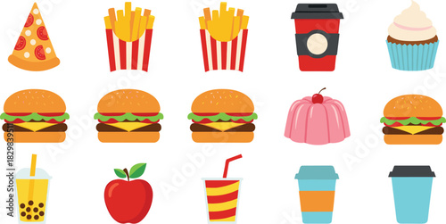 Fast Food and Snack Items Vector Icon Set Featuring Hamburgers, Pizza Slice, French Fries, Coffee, Soda, Bubble Tea, and Dessert Illustration