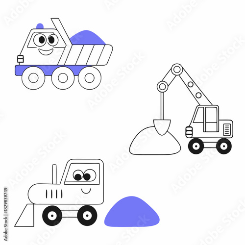 Busy Construction Trucks coloring page for kids
