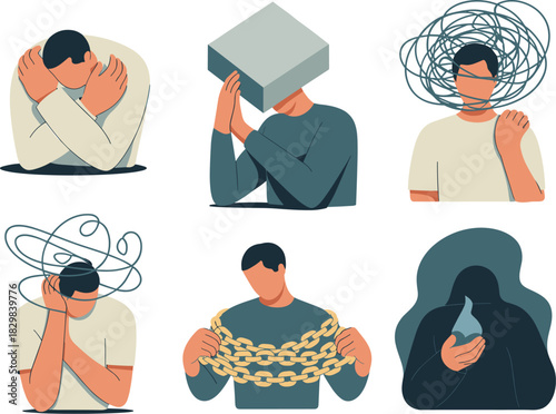 Six conceptual flat vector illustrations of male mental health struggles and psychological problems, depicting stress, anxiety, depression, emotional burden, and isolation, symbolizing modern inner tu