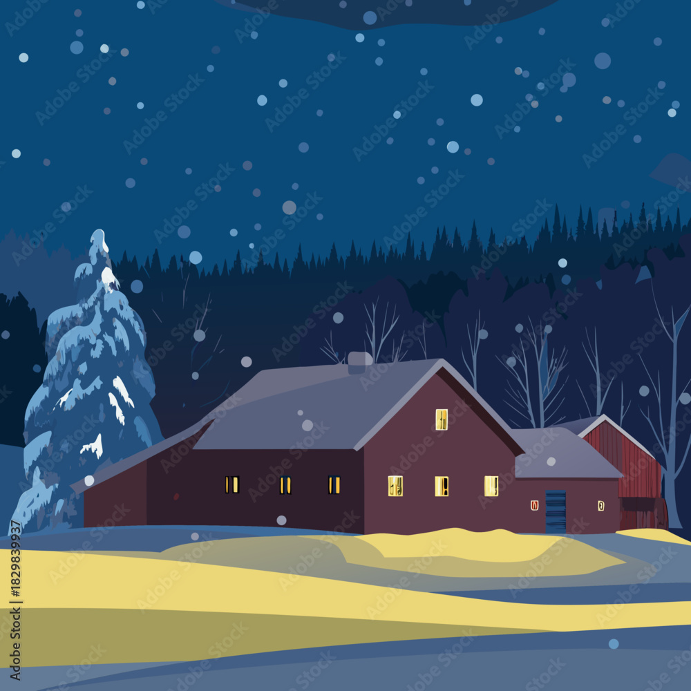 Fototapeta premium winter landscape with houses and trees along with snowfall