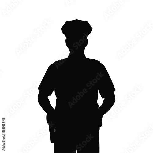 A black and white silhouette illustration of a police officer standing in a formal stance against on a transparent  background.