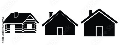 mountain cabin silhouette vector icon set