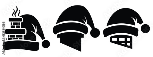 santa chimney hat silhouette vector icon set