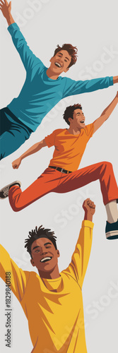 Energetic vector illustration featuring three diverse, happy young male friends leaping and flying with wide smiles and arms up, celebrating freedom and teamwork against a clean white backdrop, ideal