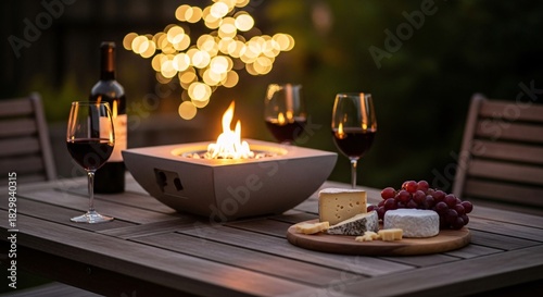 Cozy outdoor patio evening with tabletop fire pit, red wine glasses and cheese board on wooden table, romantic dinner setting with warm bokeh string lights background.