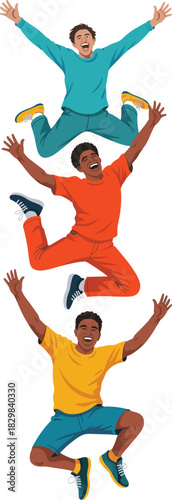 Three cheerful diverse young men jumping high and celebrating success with raised hands, symbolizing joy, energy, achievement, and freedom, useful for modern marketing, advertising, lifestyle, and bus