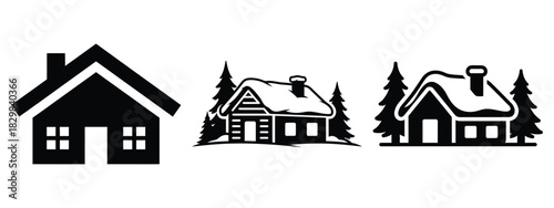 snow cabin silhouette vector icon set