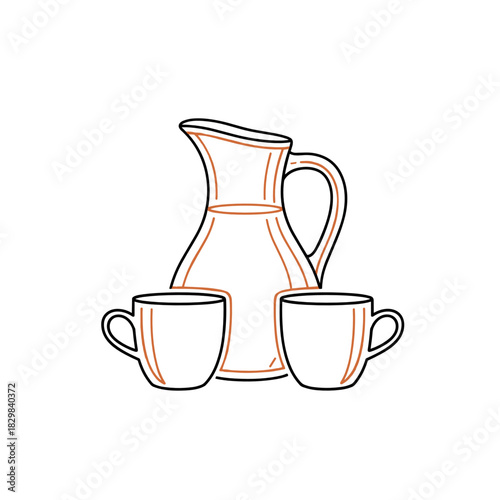 Festive jug with mulled wine and spices alongside two matching mugs  