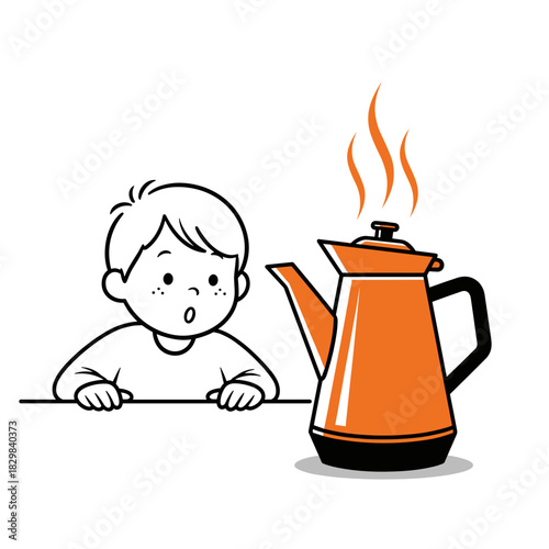 Curious child looking at steaming orange jug with mulled wine  