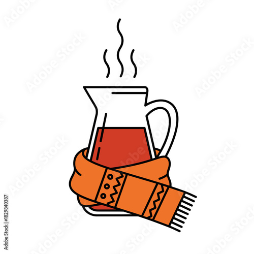 Warm jug of mulled wine wrapped in an orange scarf with steam rising  