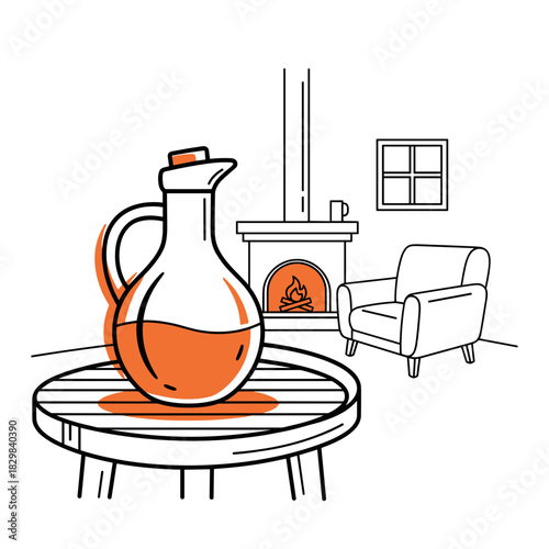 Festive jug with mulled wine on a table in cozy cabin interior  