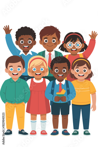 Diverse multi-ethnic group of seven happy elementary school students standing together smiling and waving, ready for primary education and learning, set on a bright isolated background, a welcoming gr