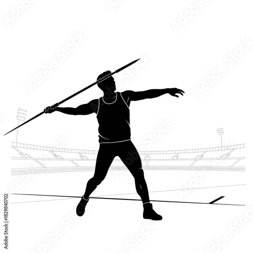 Black silhouette of a javelin thrower mid-throw, dynamic athletic posture, minimal stadium scene, transparent background.svg