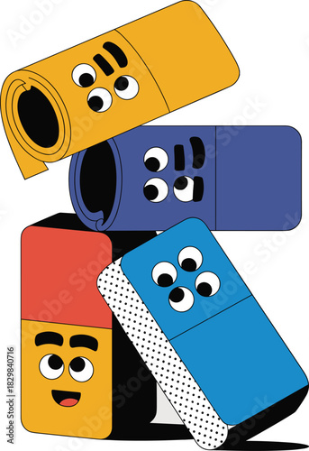 Vibrant stack of cute anthropomorphic desk supplies like colorful erasers and rolled mats in a playful modern flat geometric illustration, representing educational themes, creative marketing, office o