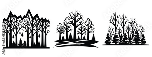 winter forest silhouette vector icon set