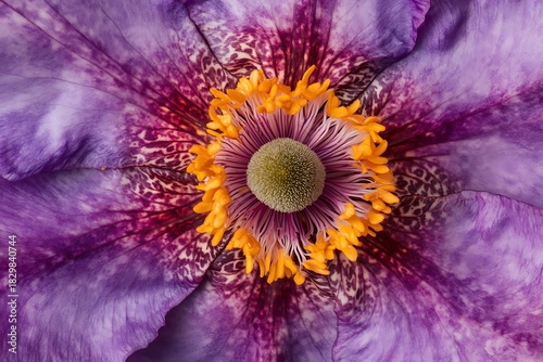 The purple anemone flower shows a captivating close up with bright yellow stamens
