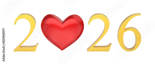 Happy New Year 2026 with golden numbers and red heart