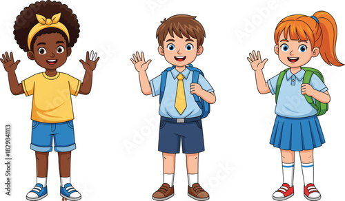 Cartoon children waving, smiling faces, school outfit, diversity, backpack, headband, ponytail, cheerful kids, white background, playful illustration