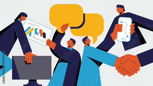Modern flat vector illustration showing a professional business team collaborating, communicating solutions and strategy through speech bubbles, analyzing digital data on devices, and confirming succe
