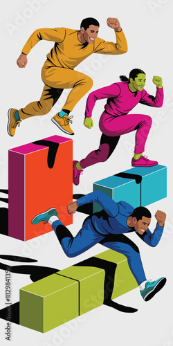 Dynamic vector illustration featuring diverse athletes running and leaping over abstract, bright geometric obstacles; symbolizing teamwork, competitive success, challenge, and forward progression usin