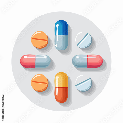 Colorful Pharmaceutical Pills and Capsules on Circular Background