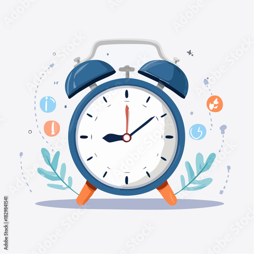 Alarm Clock Illustration Wake Up Time with Blue Clock, Orange Legs, and Decorative Elements