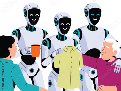 Advanced humanoid robots providing personal care and assistance to seniors, delivering helpful service tasks like offering clothing and beverages, symbolizing future healthcare, automation, and techno