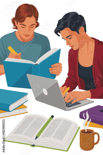 Two focused young professional women are studying, collaborating, and researching material for a major university project, diligently using a modern laptop computer, textbooks, and taking handwritten