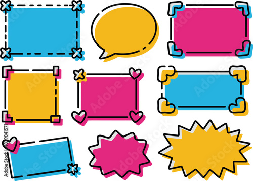 Collection of colorful graphic vector quote boxes, abstract dialogue speech bubbles, comic starburst frames, and decorative text labels, featuring modern cyan, magenta, and yellow pop art style outlin
