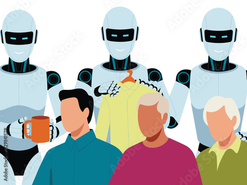 Advanced artificial intelligence humanoid service robots and automated assistants helping diverse senior and young adult male consumers with personal retail shopping, modern technology, and customer c