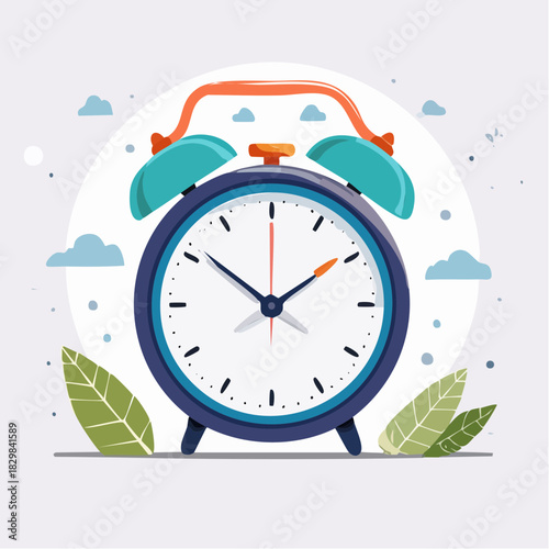 Stylish blue alarm clock illustration with decorative leaves and clouds, symbolizing time management and punctuality