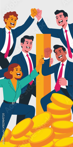 Enthusiastic diverse professional business team celebrating tremendous financial achievement and reaching ambitious investment goals. Colleagues cheering with victory fist bumps next to a golden bar g
