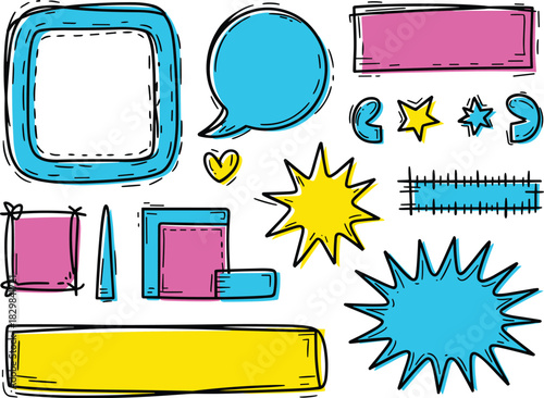 Vibrant doodle collection of hand-drawn comic graphic elements featuring various speech bubbles, frames, borders, and text boxes in bold cyan, magenta, and yellow colors; ideal design resources for pl
