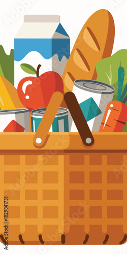 A traditional woven market basket overflowing with essential nutritional groceries and fresh farm produce, including a milk carton, crisp red apple, loaf of bread, canned goods, and vegetables; depict