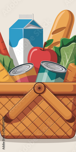Detailed vector illustration of a wicker grocery basket brimming with essential fresh and packaged food items, including milk, bread, apple, carrots, greens, and canned goods, promoting themes of heal