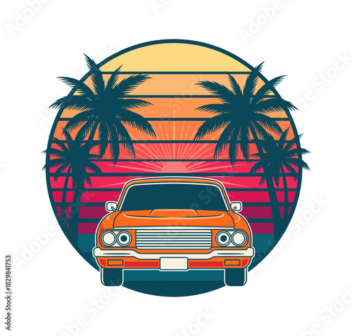 Retro vintage car vector illustration with tropical sunset and palm trees. Summer beach t-shirt print design.
