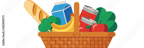 Modern vector illustration of a full grocery shopping basket containing healthy fruit, vegetables, and staples like bananas, red apples, fresh green broccoli, bread, and milk, perfect for retail adver