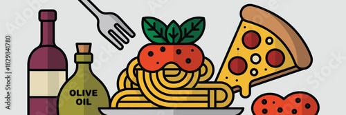 A vibrant flat design vector illustration of essential Italian cuisine items including classic spaghetti pasta with tomato sauce, a pepperoni pizza slice, red wine, and olive oil, perfect graphic elem