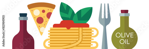 Classic Italian cuisine collection of gourmet ingredients and traditional dishes featuring a slice of delicious pepperoni pizza, spaghetti pasta with fresh basil and tomato sauce, red wine, and olive
