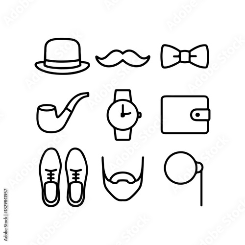 Classic gentleman accessories line art icons collection