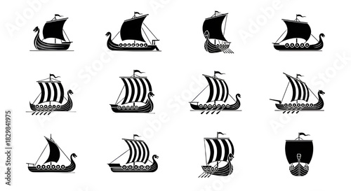 illustration of a set of vikings ships icons