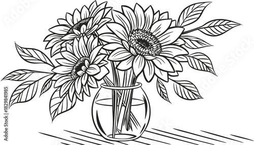 Sunflowers in outline. Line art of sunflowers illustration.