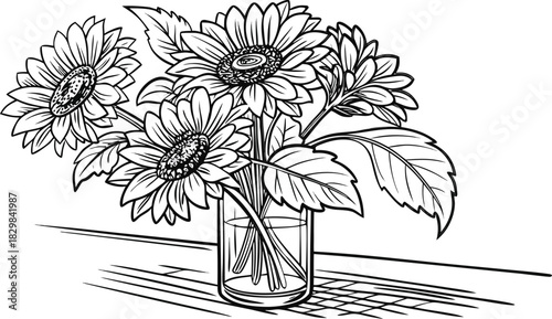 Sunflowers in outline. Line art of sunflowers illustration.